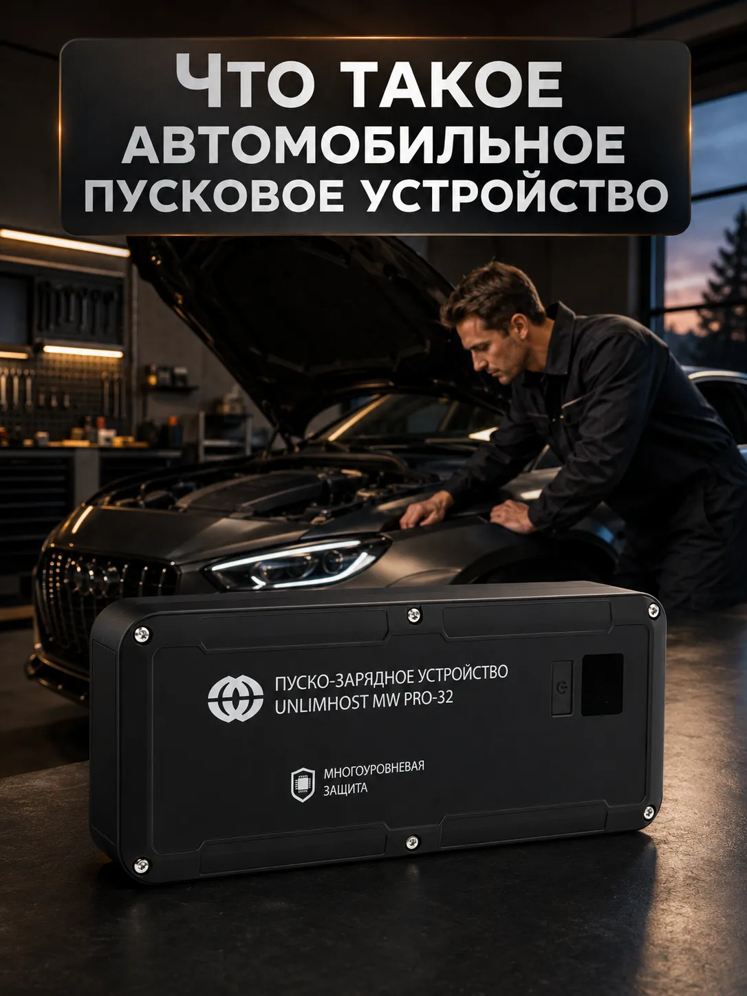 Автомобильный бустер UnlimHost с пусковыми клеммами