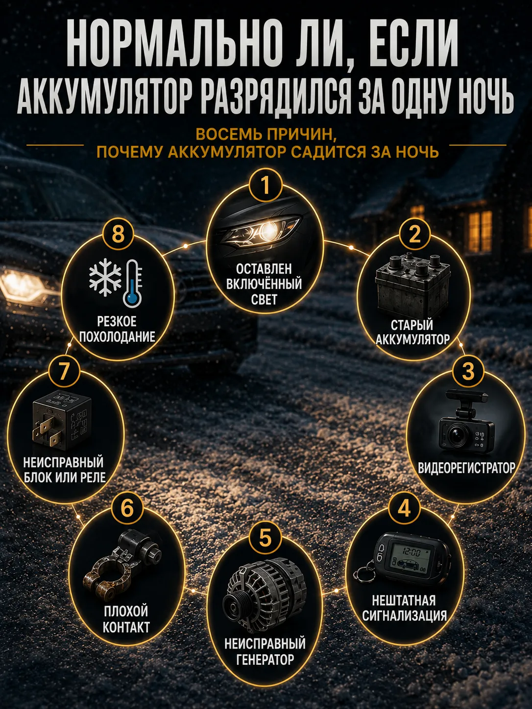 Почему аккумулятор автомобиля разряжается за одну ночь